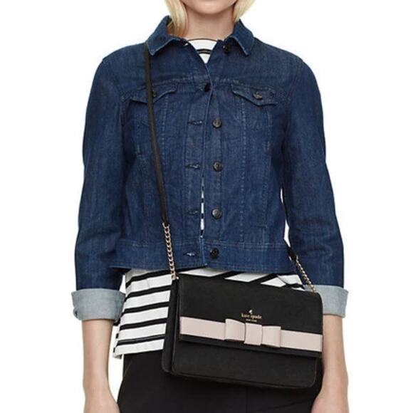 NEW Kate Spade Veronique Kirk Park Saffiano Black Beige Bow Crossbody Bag - Picture 1 of 8